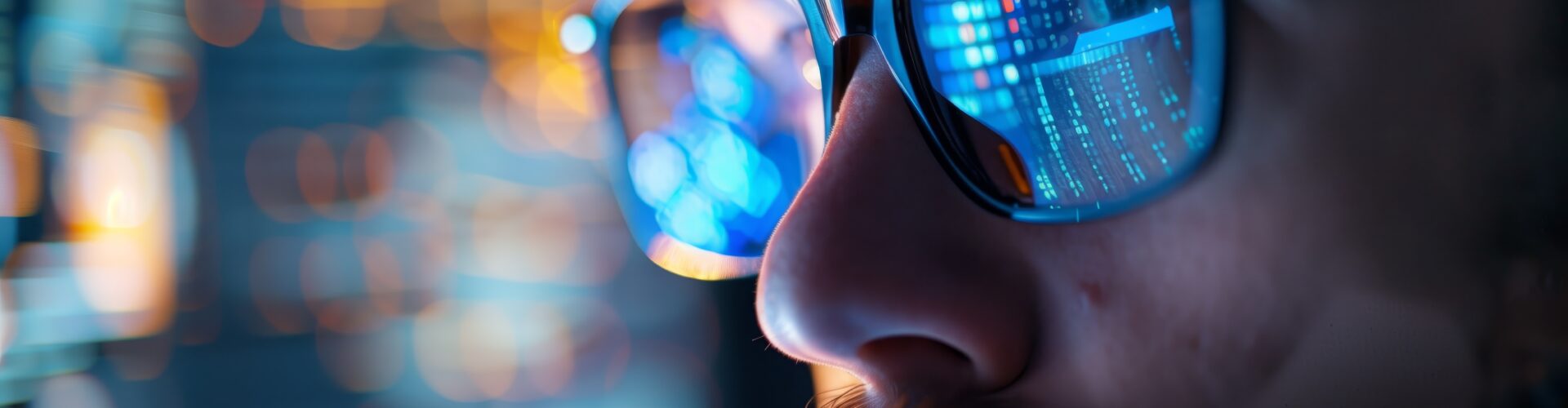 Data from a computer network is reflected in the glasses of a criminal hacker